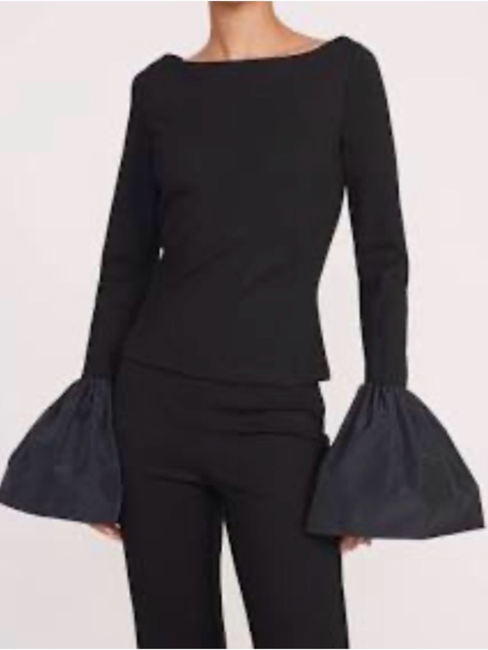 STAUD Paige Bell-Sleeve Bateau Top Women’s M Black Ponte Back Zip Long Sleeve